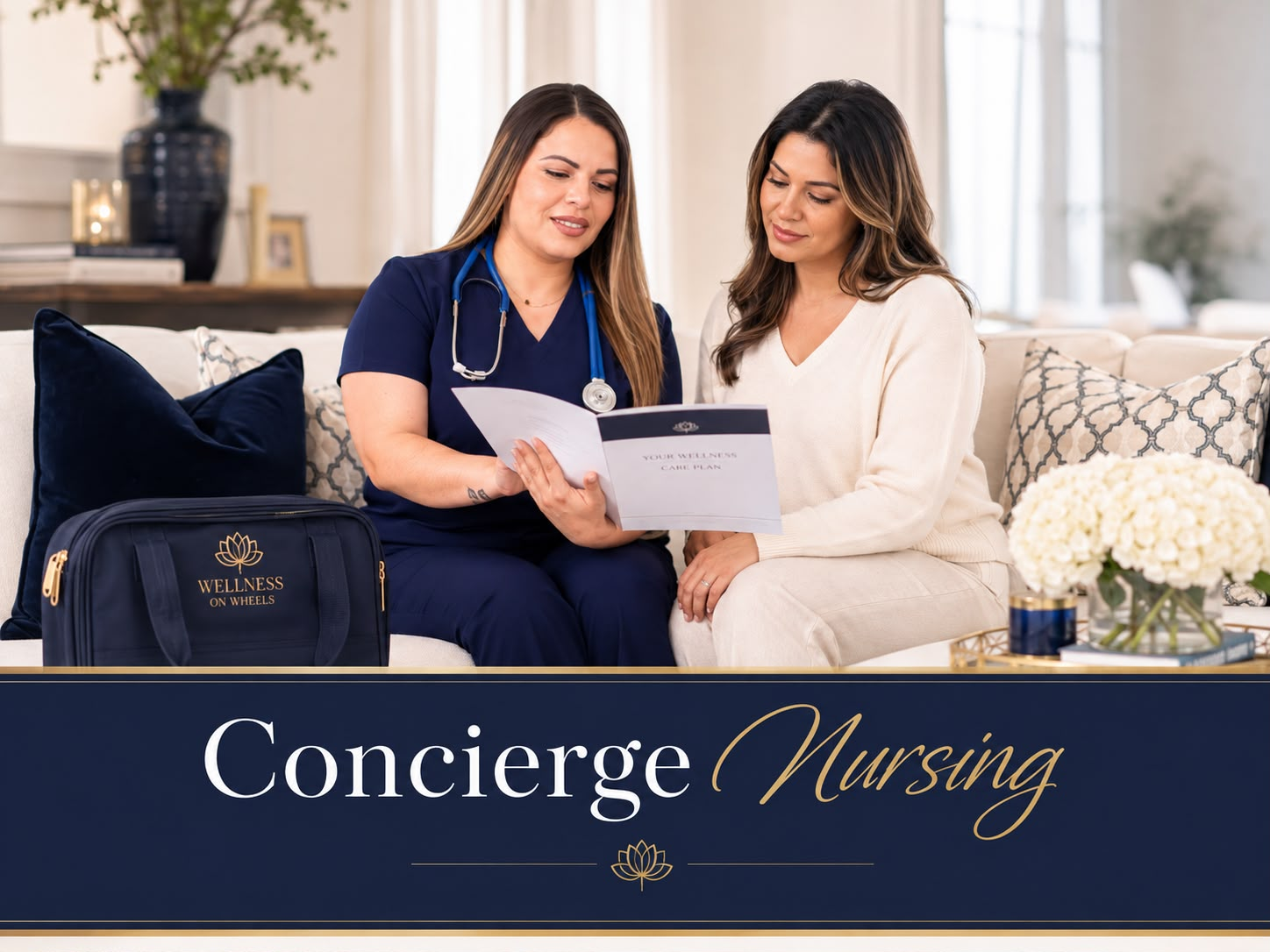 Registered nurse in navy scrubs reviewing a care plan with a client in an elegant living room