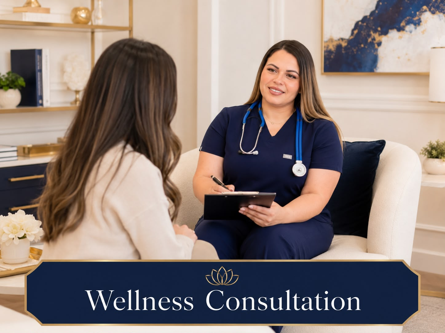 Registered nurse in navy scrubs consulting with a client during a wellness appointment