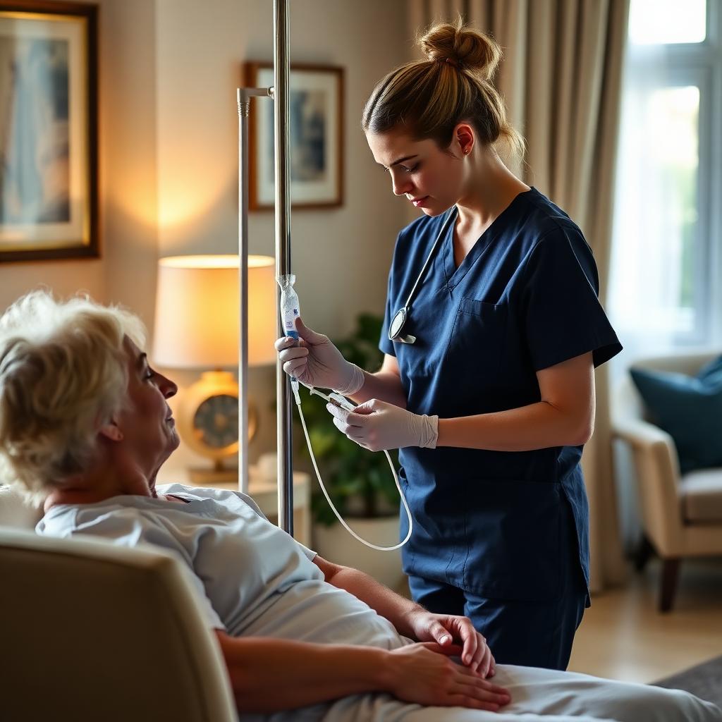 Registered Nurse preparing an IV drip for a client in an elegant home setting
