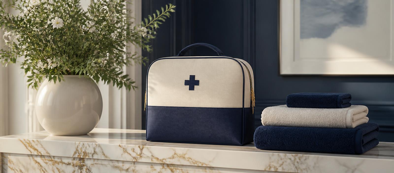 Neatly arranged nurse wellness kit and folded towels on a marble console