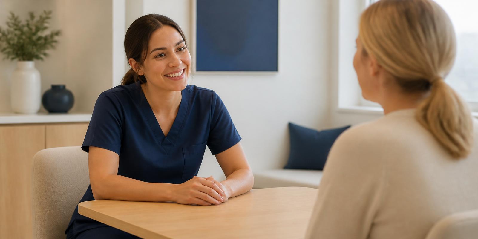 Registered nurse in navy scrubs speaking warmly with a client during a wellness consultation