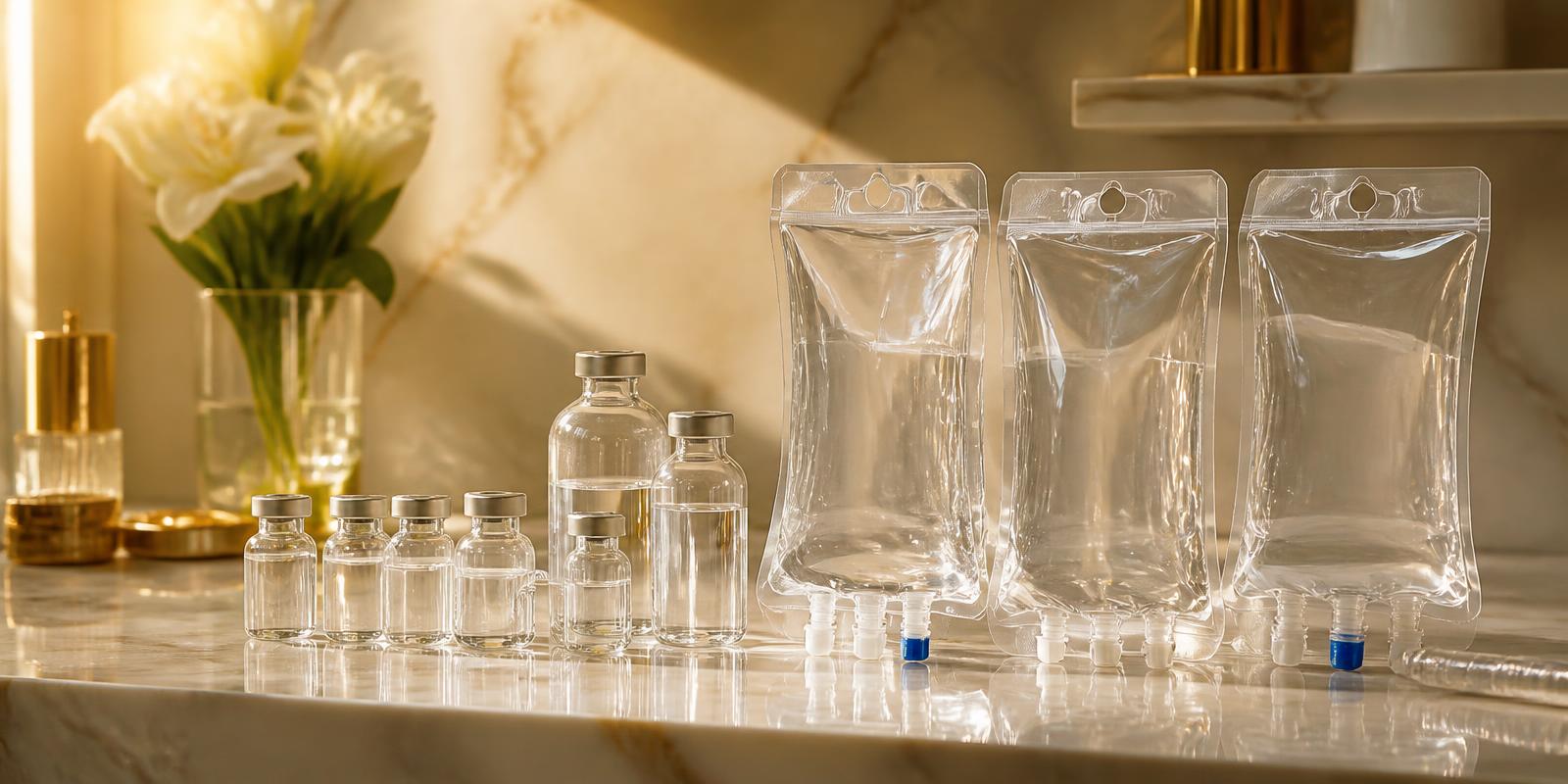 IV therapy bags and vials arranged on a marble surface in warm light