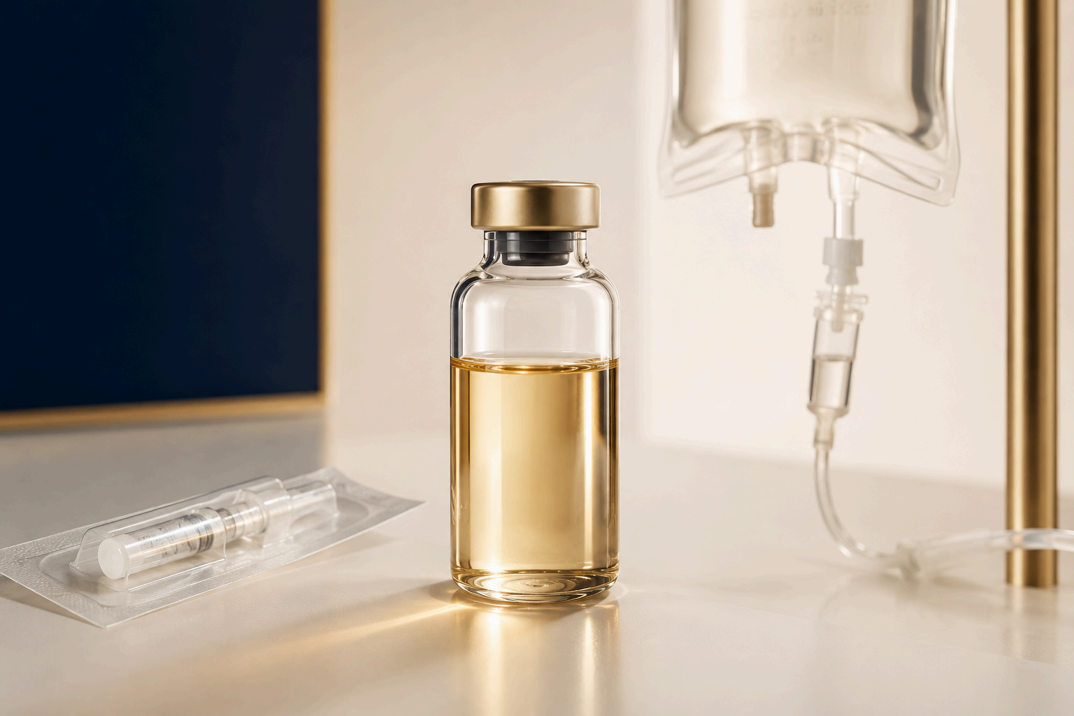 Glass vial of NAD+ solution next to an IV drip setup