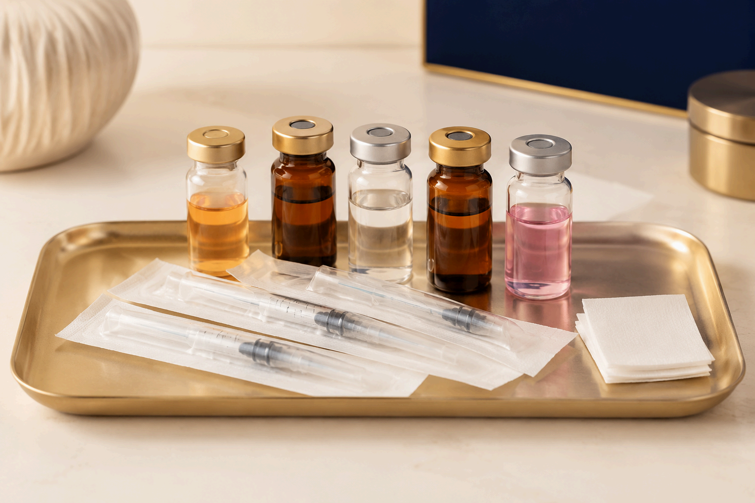 Tray with small glass vials and syringes for vitamin and wellness shots