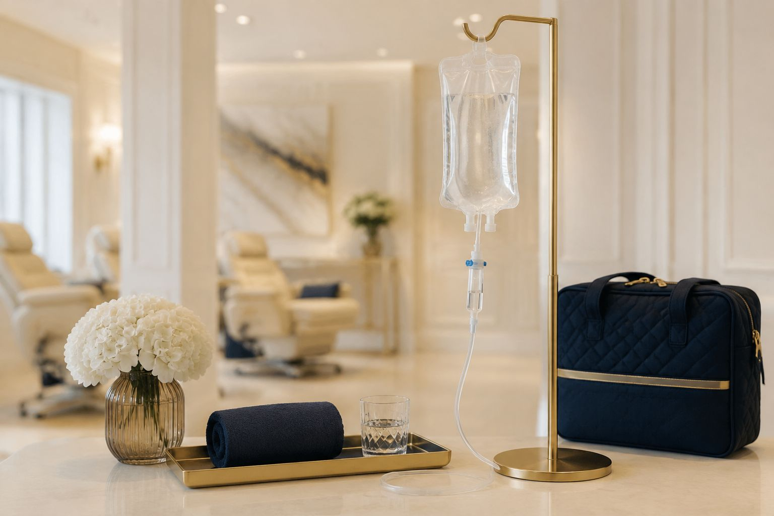 IV drip on a gold stand beside a navy nursing bag in an elegant wellness suite