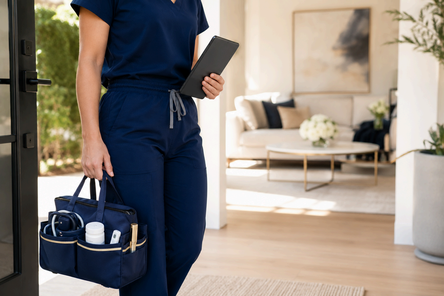 Registered Nurse carrying a medical bag arriving at a client home