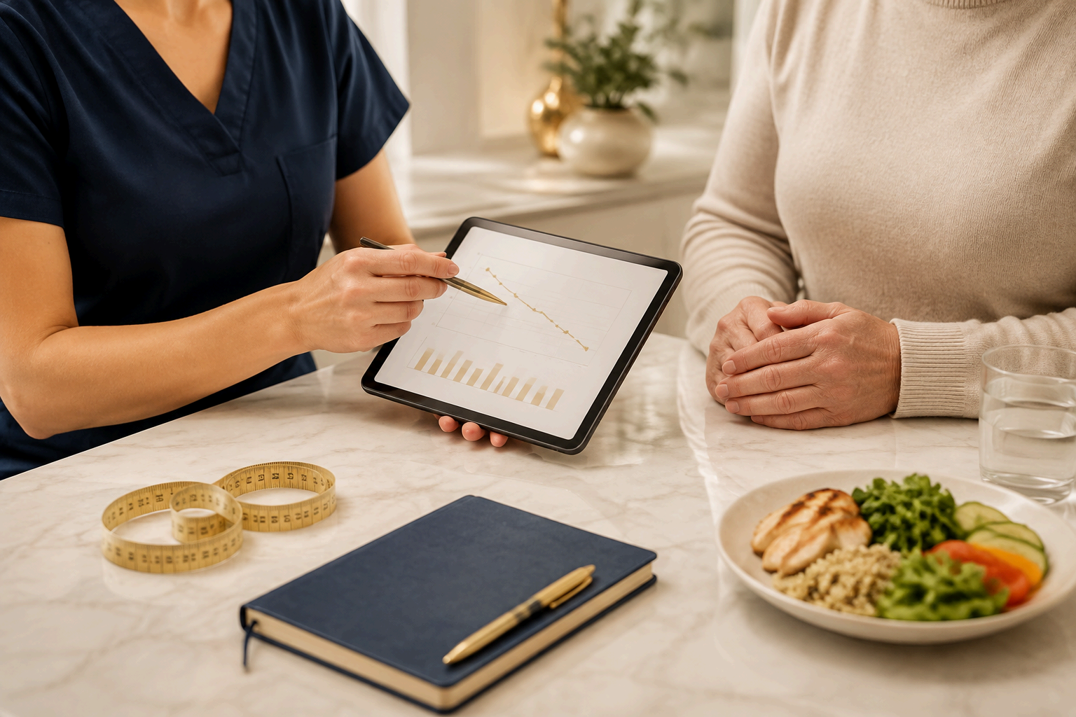 Registered Nurse reviewing wellness goals with a client at a table